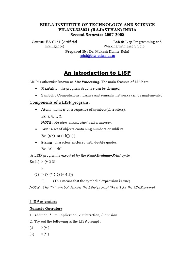 Lab 6 Lisp Programming and Working With Lisp Studio | PDF | Anonymous ...
