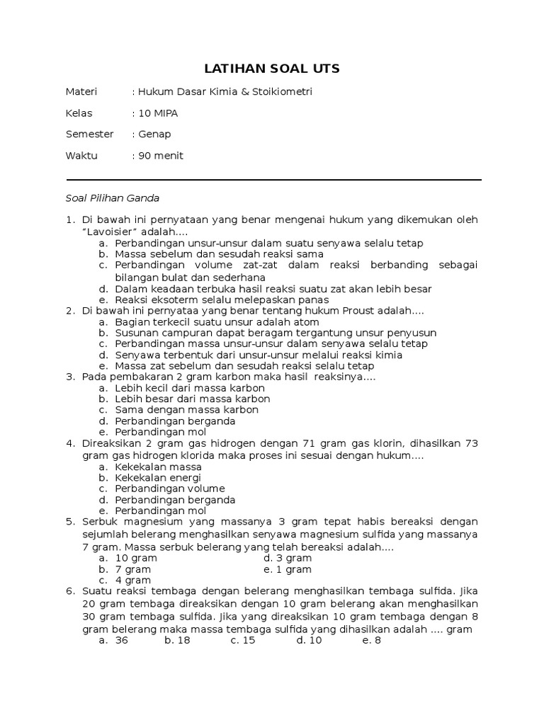 Latihan Soal Kimia Hukum Dasar Kimia Dan Stoikiometri
