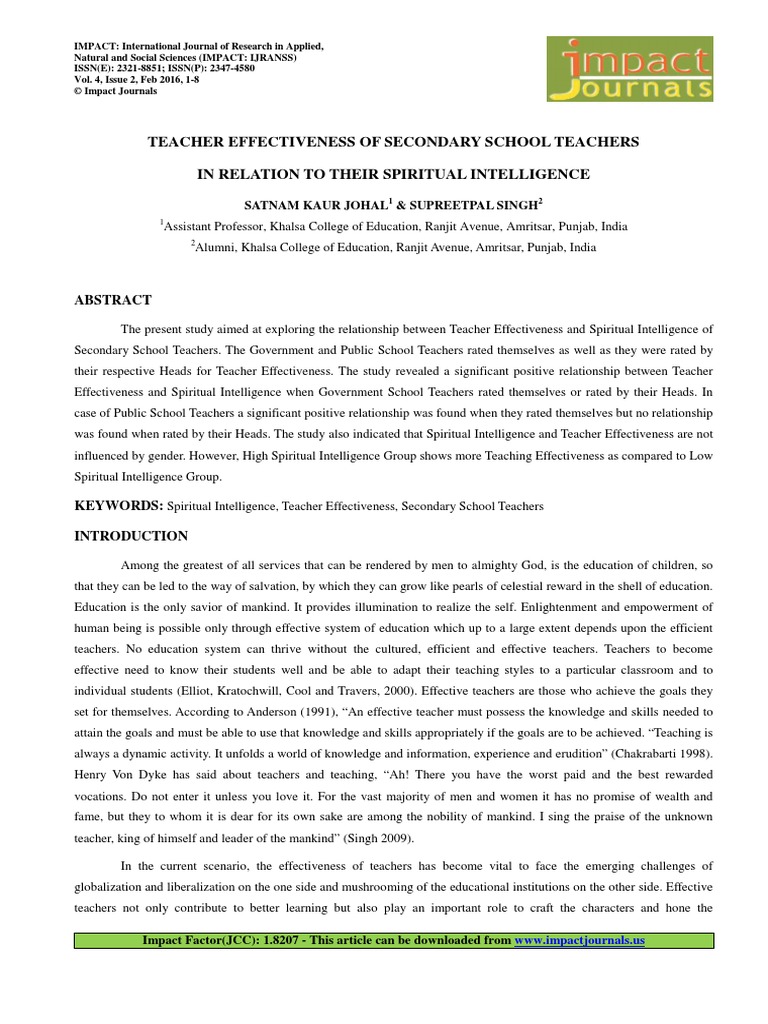 Teacher Effectiveness of Secondary School Teachers in Relation To Their ...