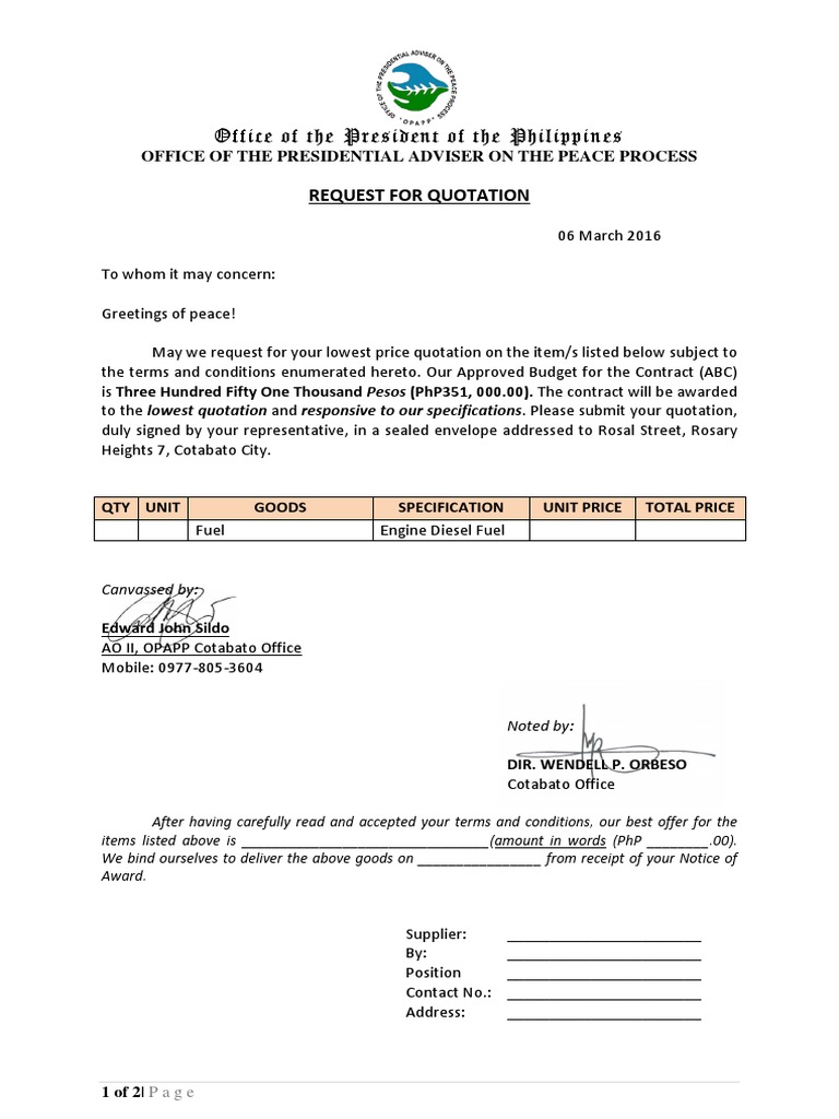 Diesel Supply Quotation Request | PDF
