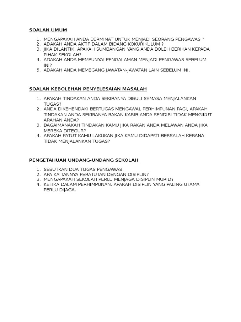 Soalan Temuduga Pengawas Pdf