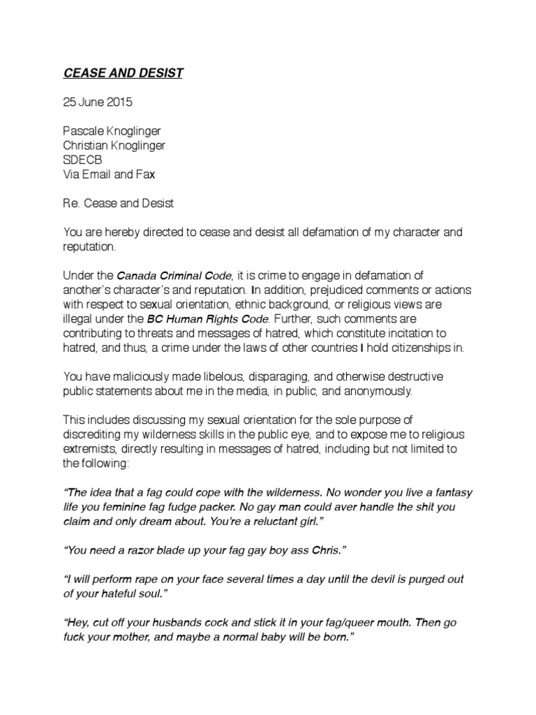 Knoglinger Cease and Desist  PDF  Defamation  Crime & Violence