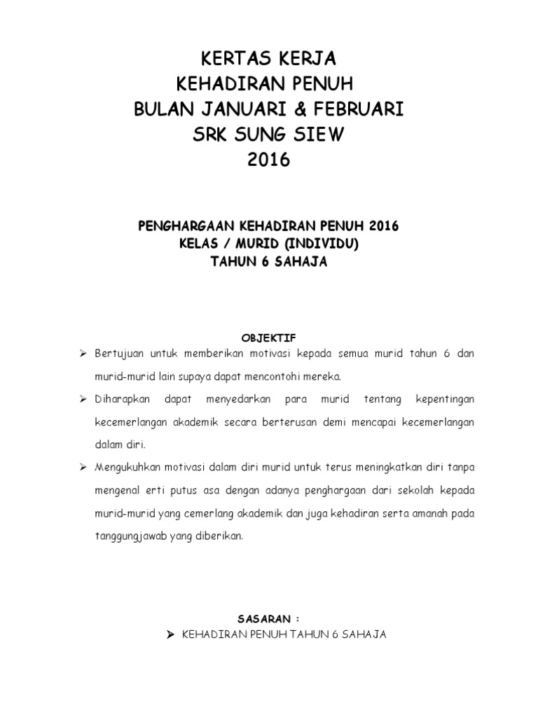 Kertas Kerja Kkehadiran Penuh Pdf