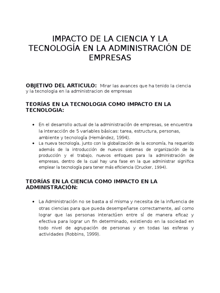 Impacto de La Ciencia y La Tecnología en La Administración de Empresas ...