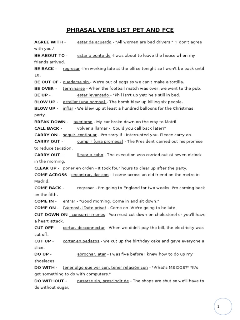 Phrasal Verb List Pet and Fce