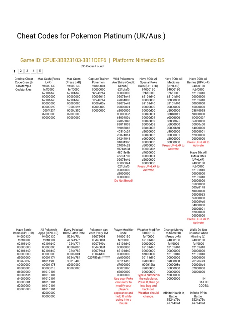Cheat Codes For Pokemon Platinum Uk Aus On Nintendo Ds Codejunkies Pdf Video Games Nintendo