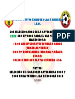 Citacion Jugadores Seleccionados 2006 y 2007 Para Convocatoria Liga de Bogota.