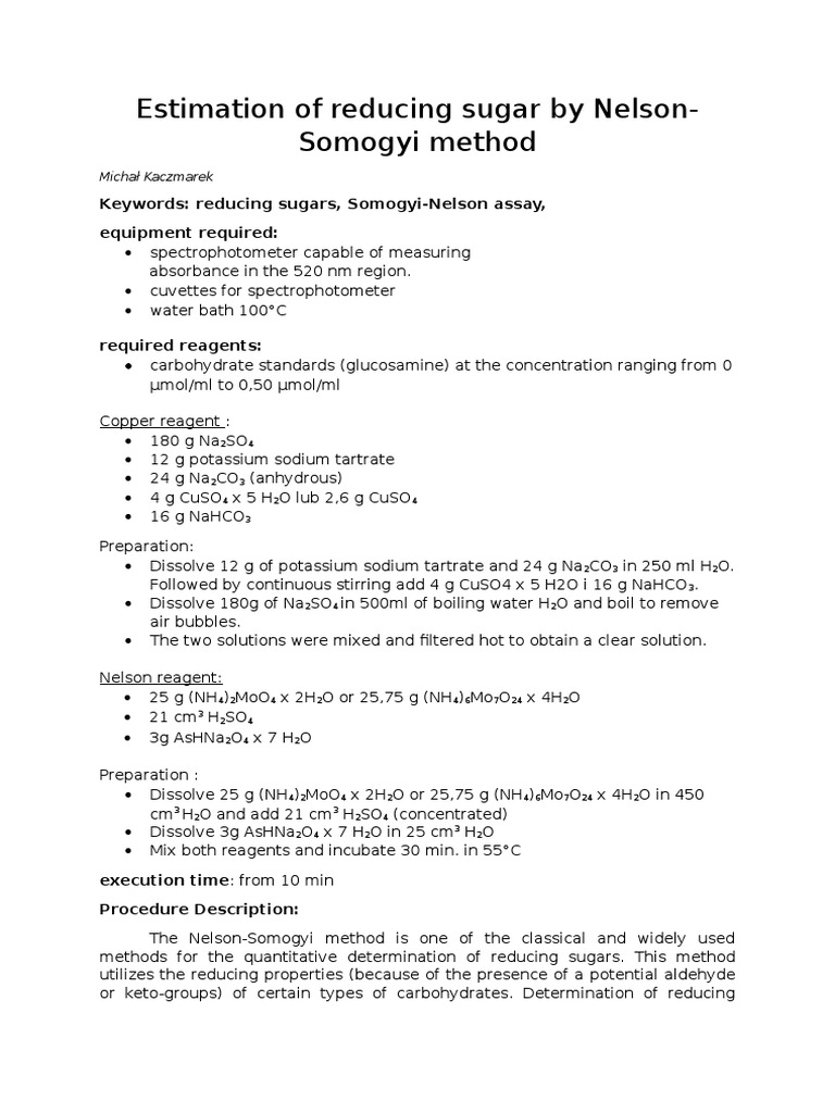 Estimation of Reducing Sugar by Nelsonsomogyi Method