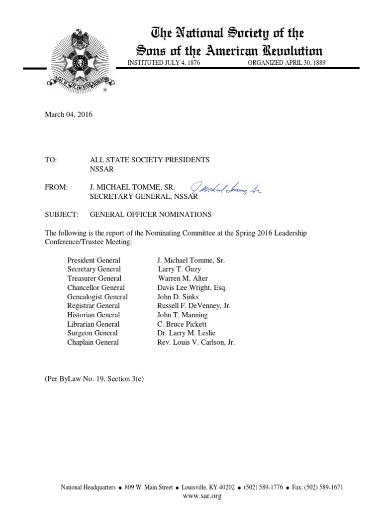 NSSAR General Officer Nominations 2016 | PDF | The United States