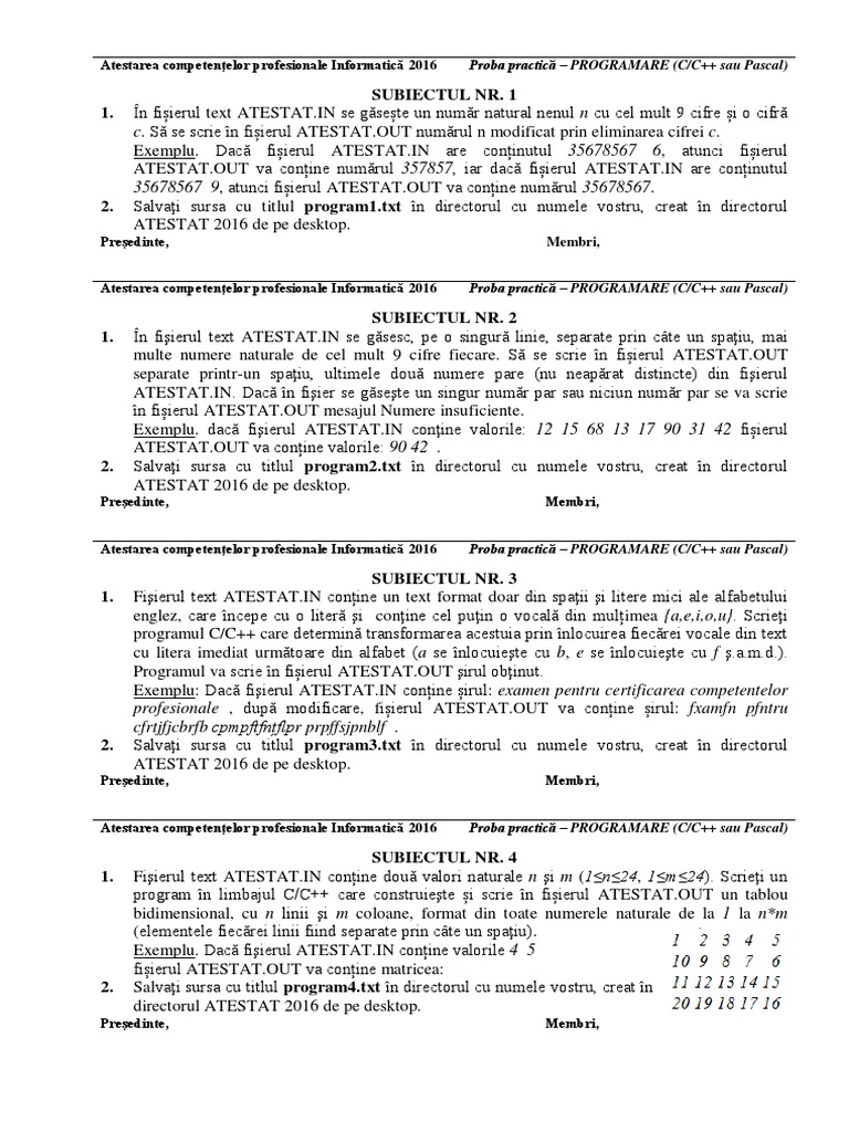 Atestat 2016 Subiecte Programare | PDF