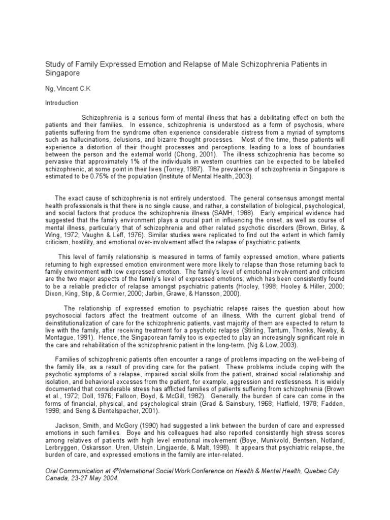 Study On Family Expressed Emotion And Relapse Of Male Schizophrenia Patients In Singapore Schizophrenia Mental Disorder
