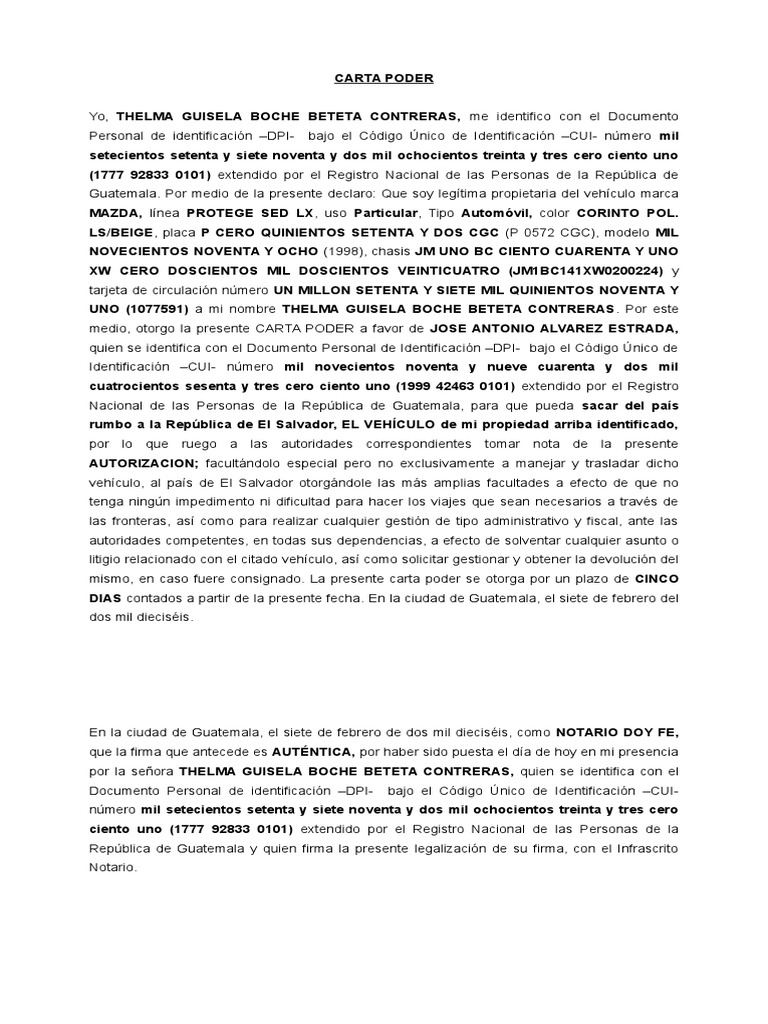 Carta Poder para Vehiculo
