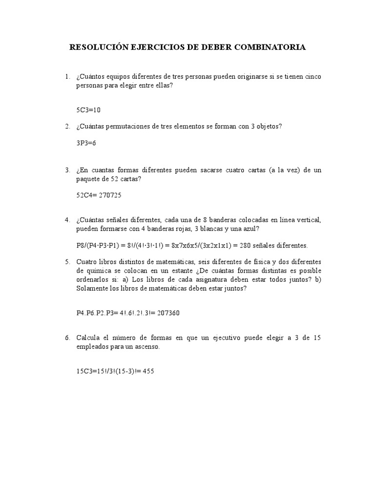 Ejercicios Resueltos de Combinatoria | PDF | Permutación | Física