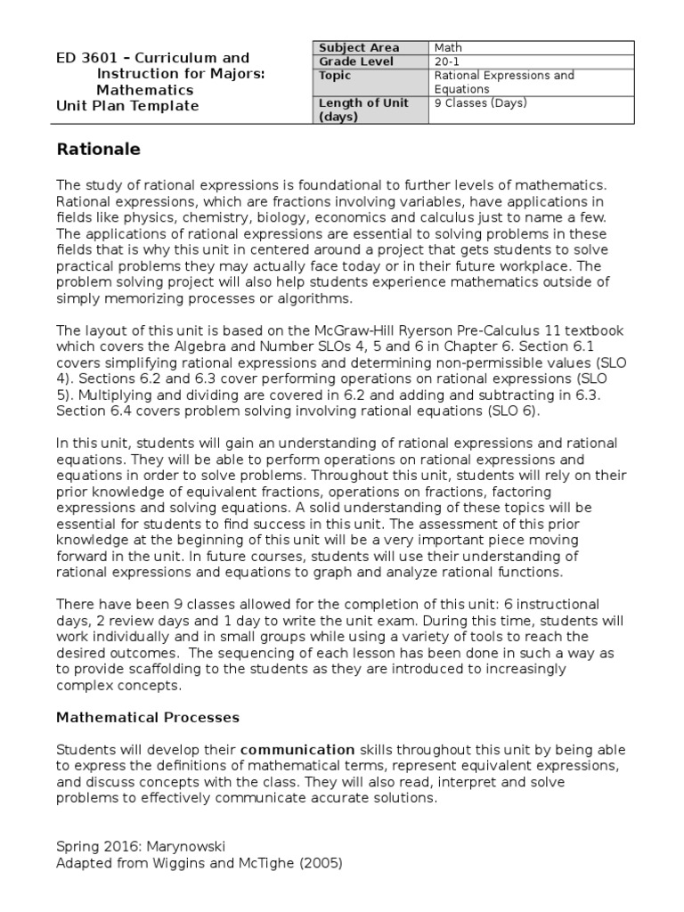 Rational Expressions Unit Plan 20-1 | PDF | Fraction (Mathematics ...