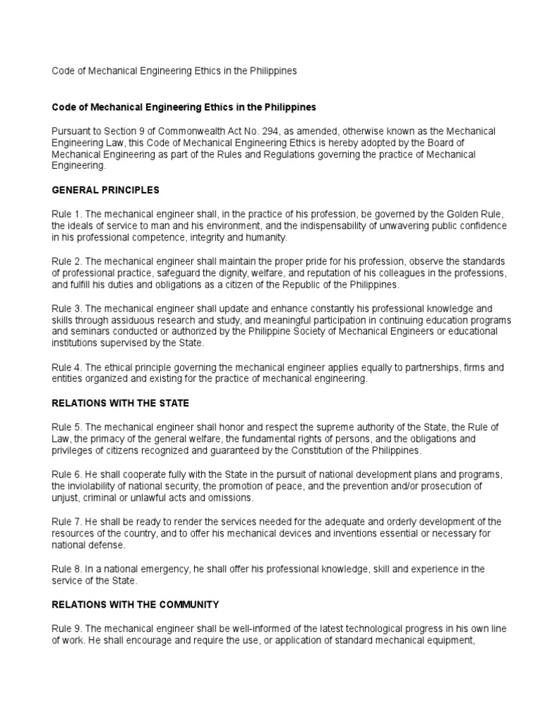 Mechanical Engineering Ethics Code Philippines | PDF | Engineer ...