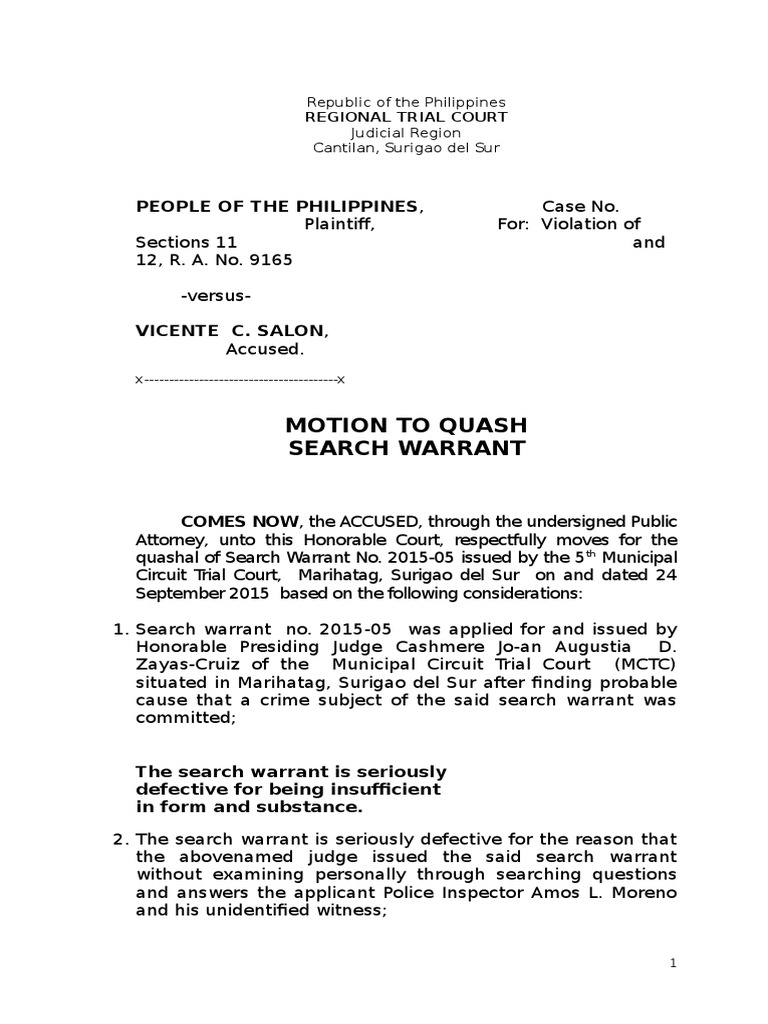 Motion to Quash Search WarrantSalon Search And Seizure Search Warrant