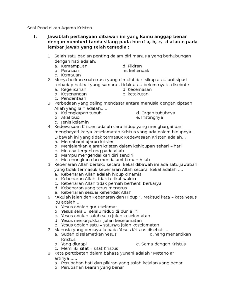 Soal Dan Jawaban Agama Kristen Kelas 11 Semester 1