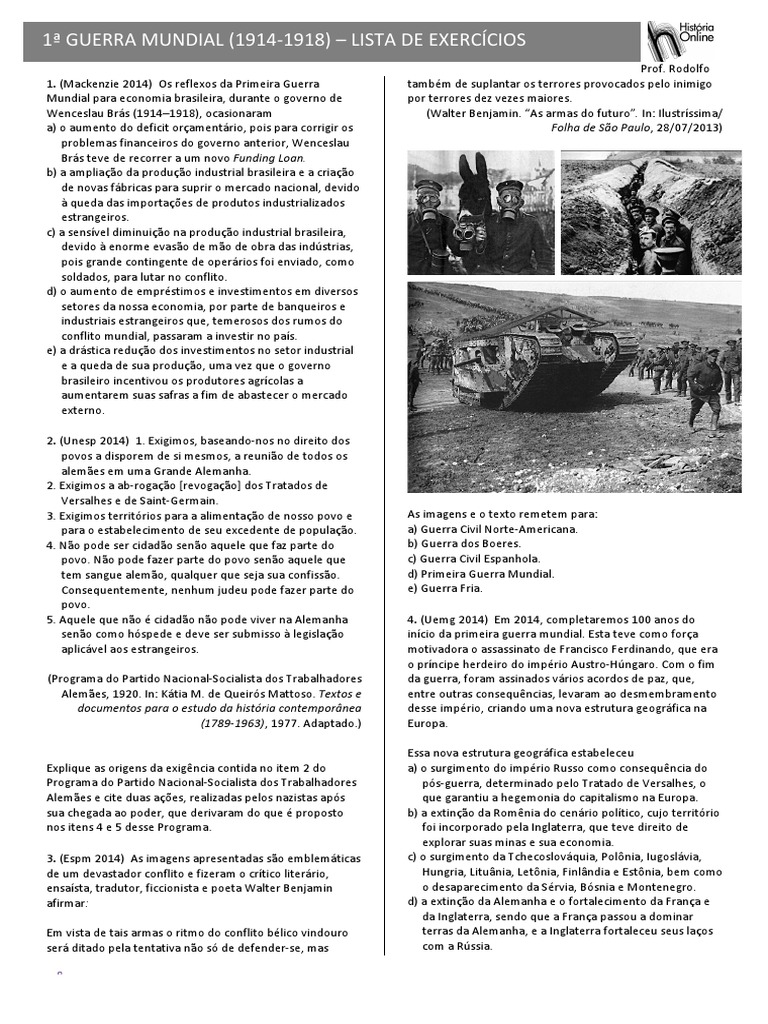 1 Guerra Mundial. Exercícios PDF Turismo pela Europa Alemanha