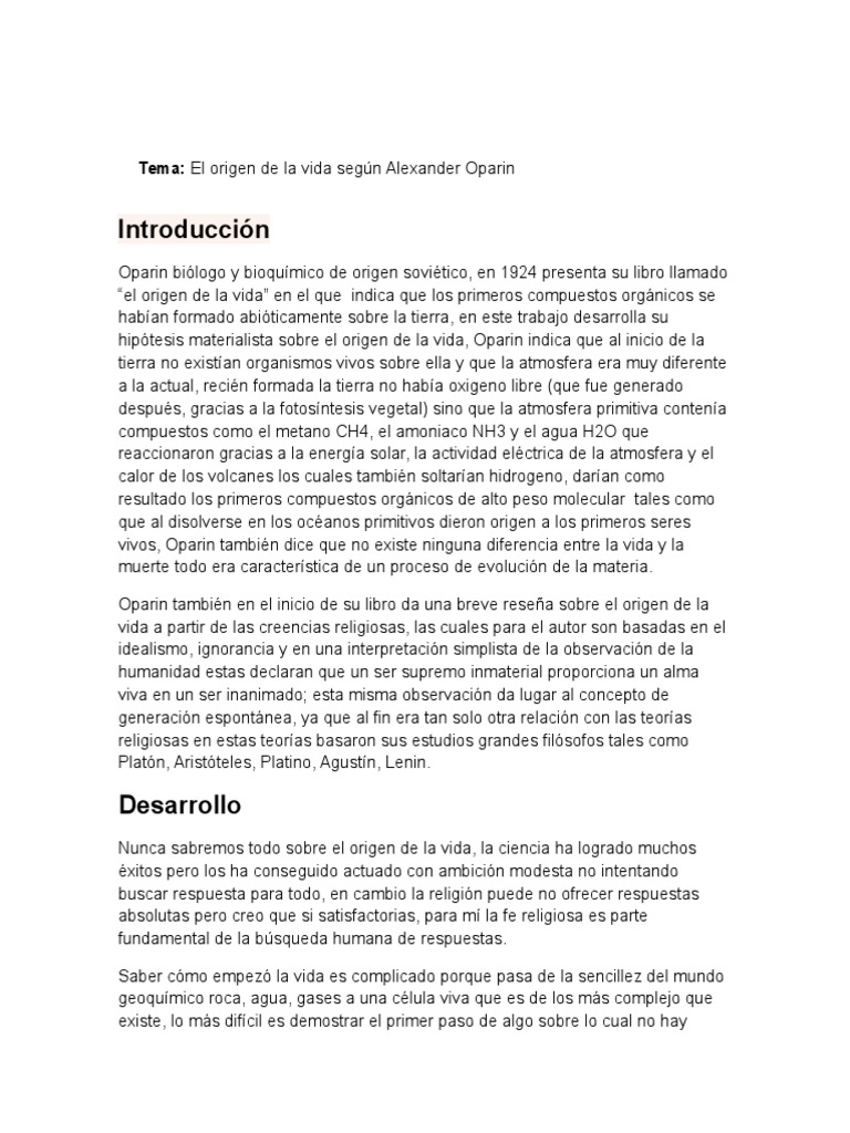 ENSAYO DEL ORIGEN DE LA VIDA DE OPARIN PDF