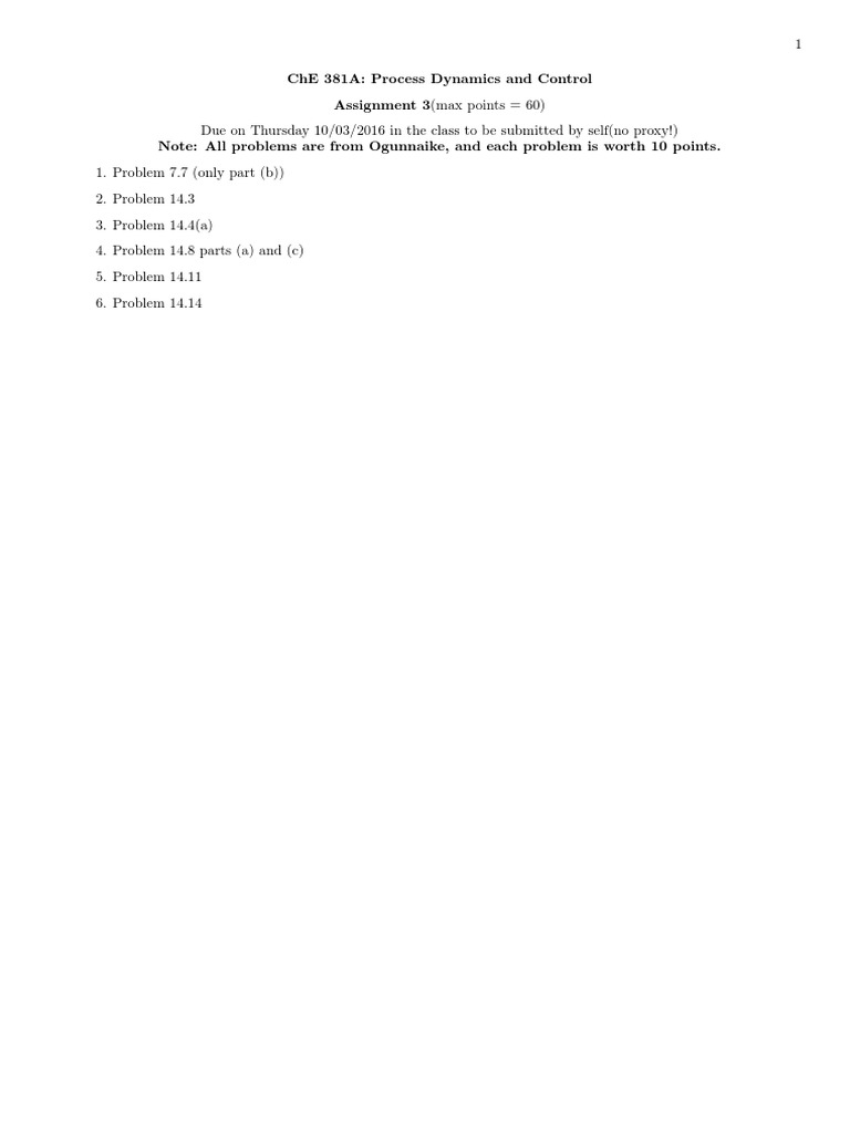 Che 381A: Process Dynamics and Control Assignment 3 (Max Points 60) | PDF
