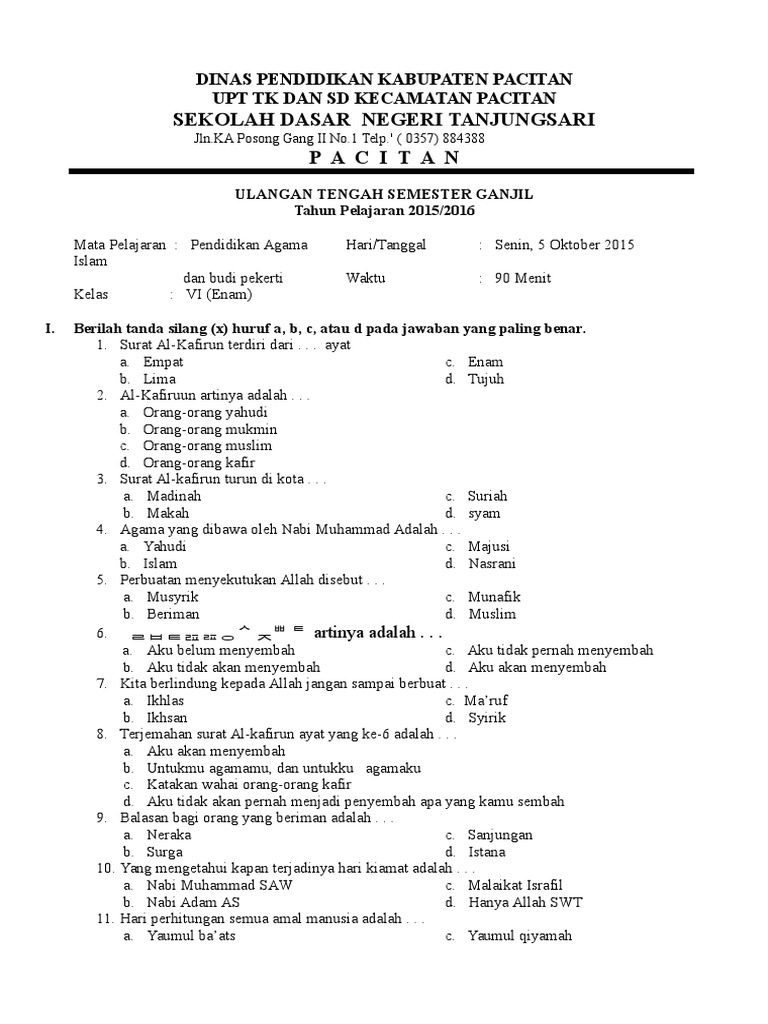 Soal Kisi2 Dan Kunci Jawaban Pai Kls 6 Semester 1