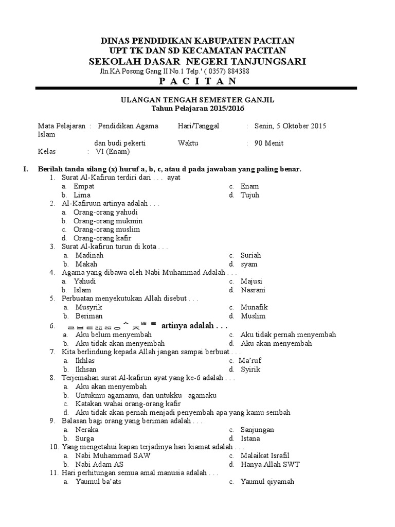 Soal Uts Agama Kelas 6 Semester 2 Scribd - Inti Soal