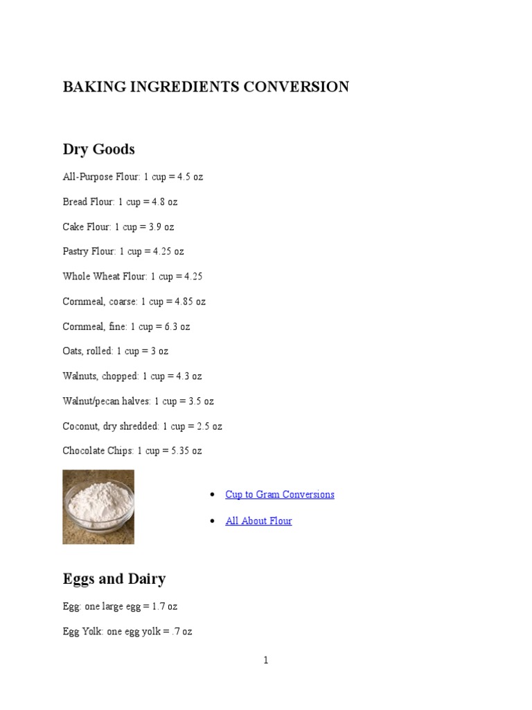 Baking Ingredients Conversion | PDF | Ounce | Pint