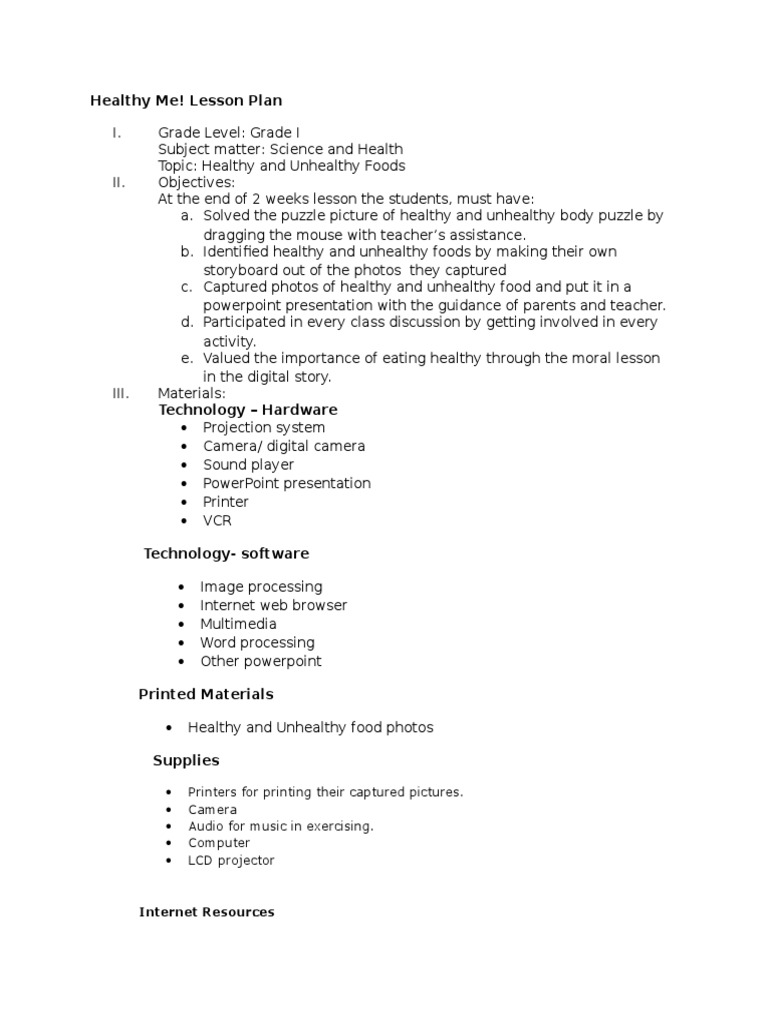 Grade 1 Healthy Foods Lesson Plan | PDF | Lesson Plan | Internet