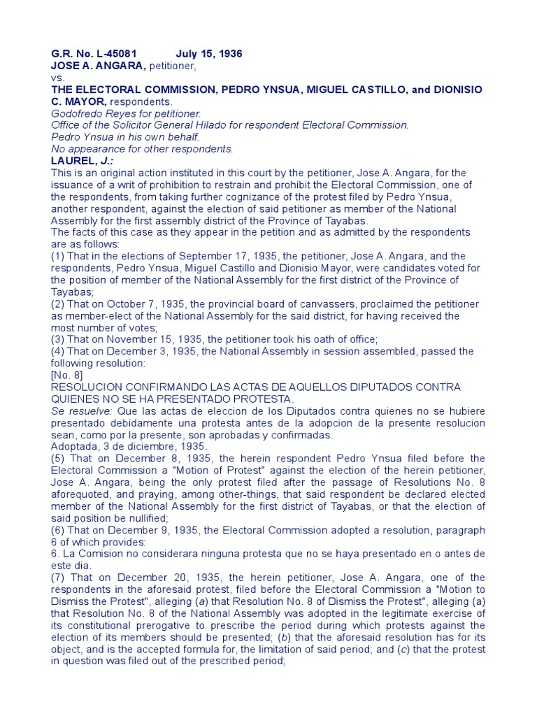 Case 7 Angara vs. Electoral Commission, 63 Phil.139 (1936) | PDF ...