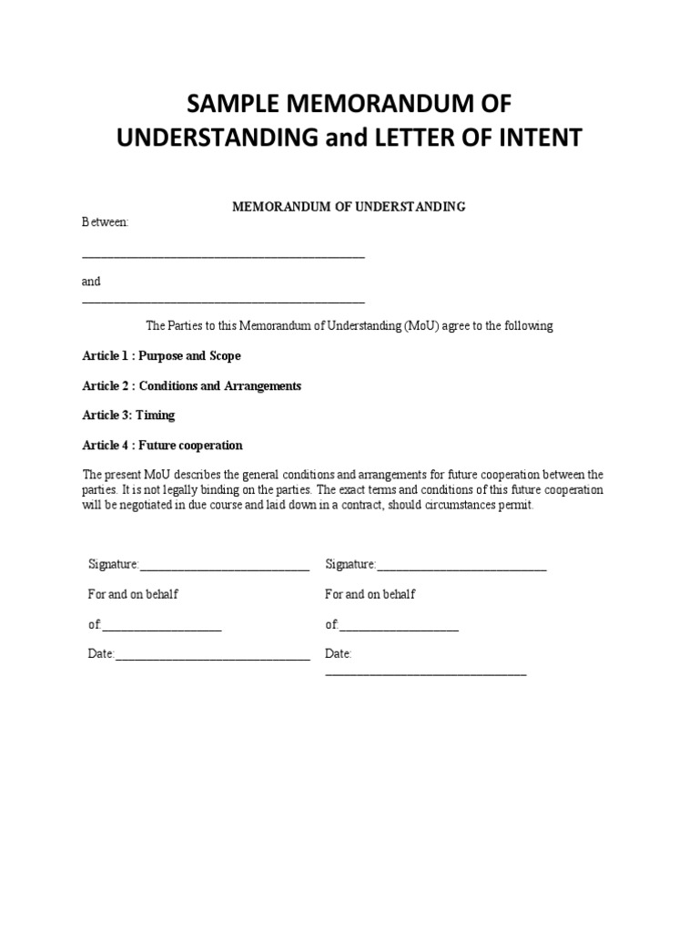 Sample Memorandum of Understanding and Letter of Intent