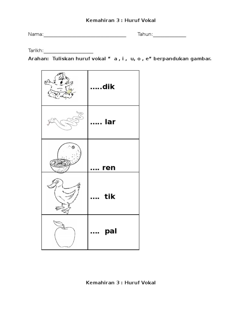 Lembaran kerja kemahiran 3 huruf vokal