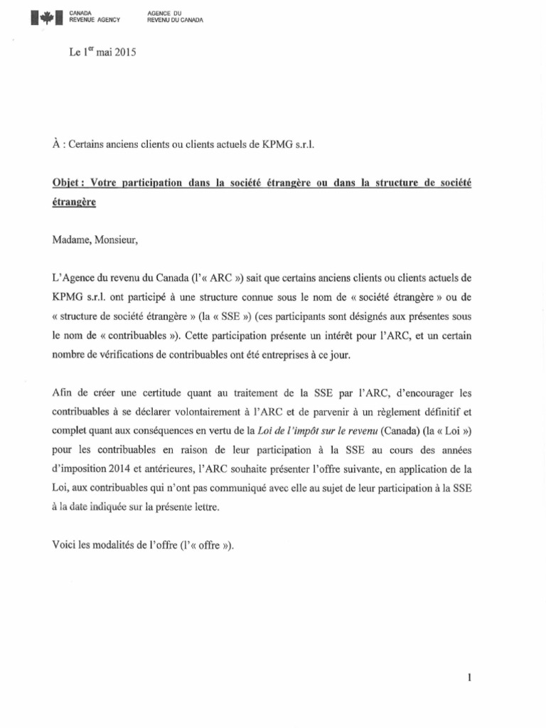 Lettre de l'ARC Aux Clients de KPMG | Canada | Impôts