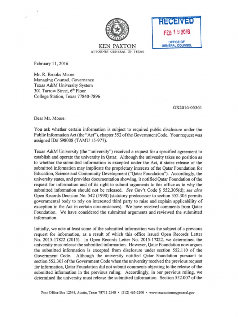 Texas attorney general's office ruling