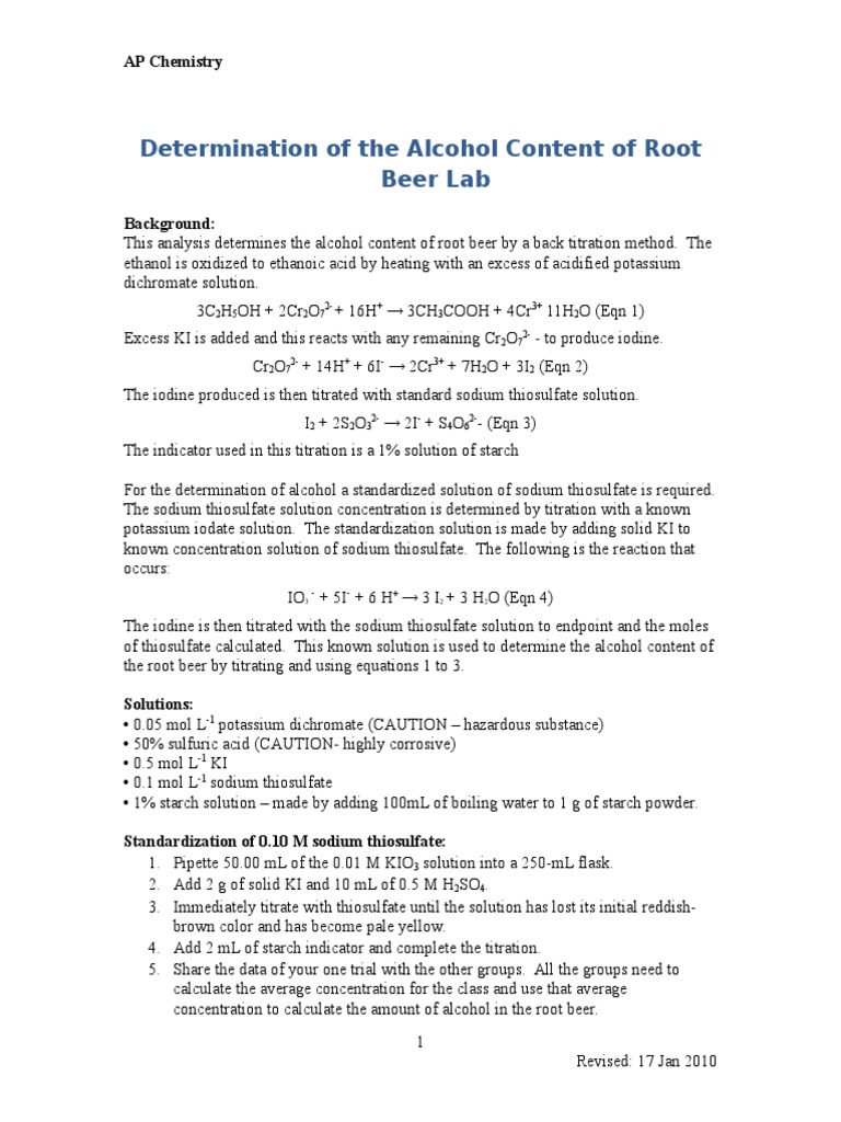 Determination of the Alcohol Lab (1) Titration Alcohol