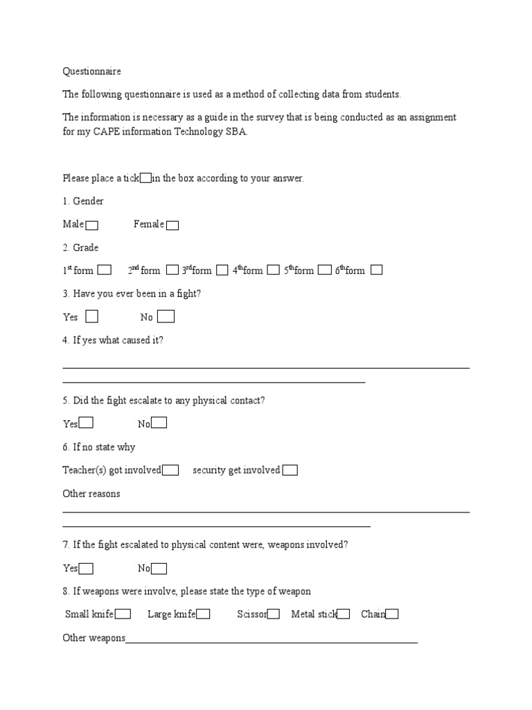 Student Fight Questionnaire Survey | PDF