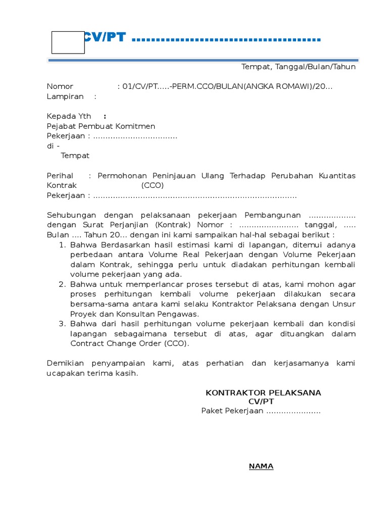 Contoh Surat Addendum Pekerjaan Tambah Kurang