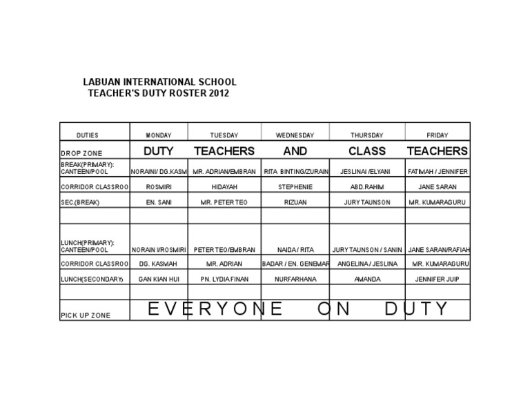 Teacher Duty Roster 2012 | PDF