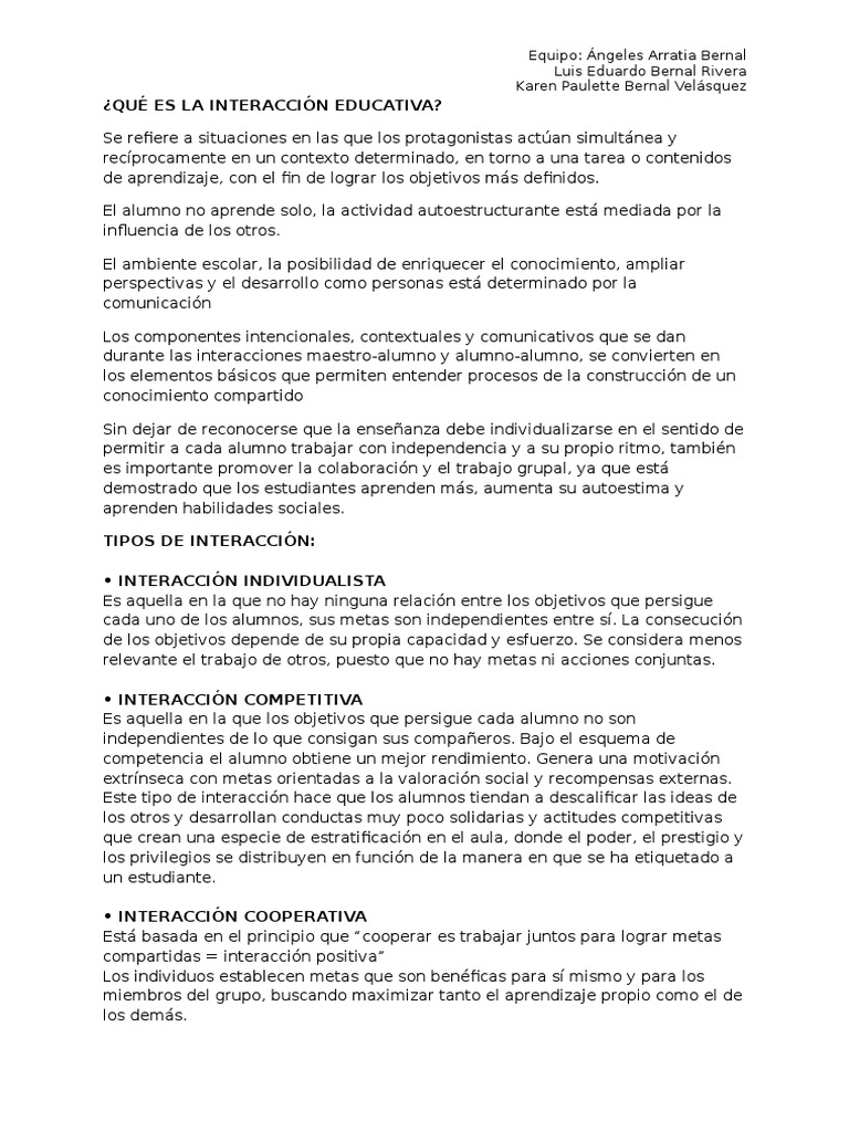 Interacción Educativa en el Aula | PDF | Acción (filosofía) | Aprendizaje