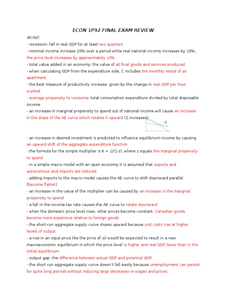 ECON 1P92 Final Exam Review Guide | PDF | Money Supply | Macroeconomics