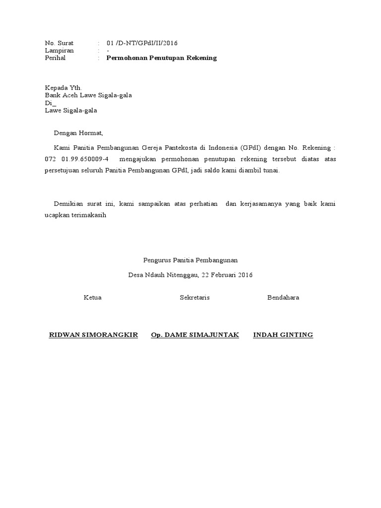 permohonan penutupan rekening