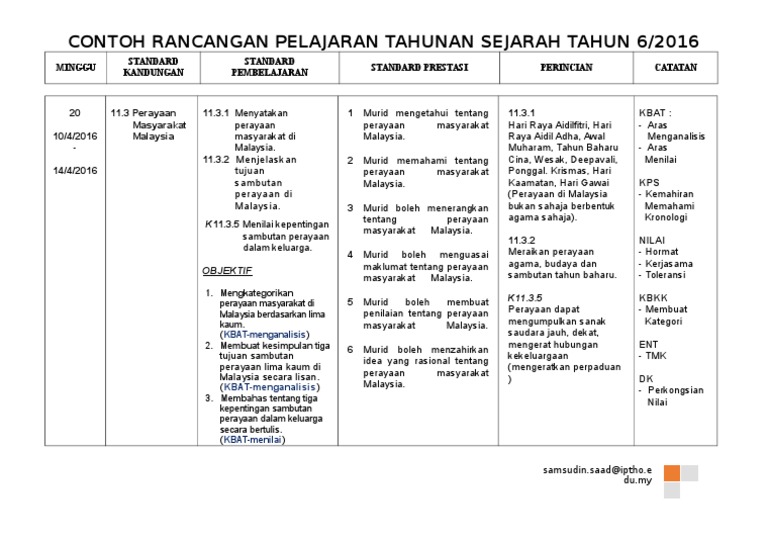 Contoh RPT Sejarah Tahun 6 | PDF