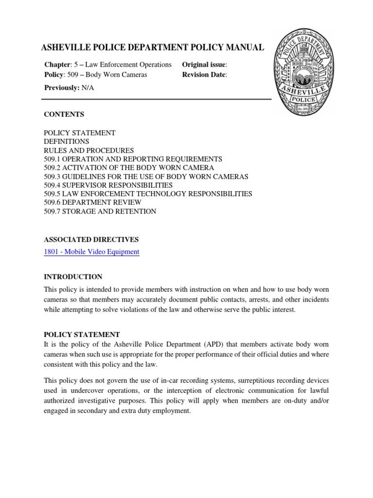Asheville Police Body Camera Policy | PDF | Police | Camera