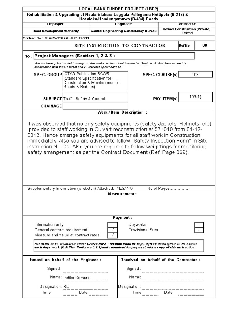 Site Instruction To Contractor Project Managers (Section-1, 2 & 3 ...