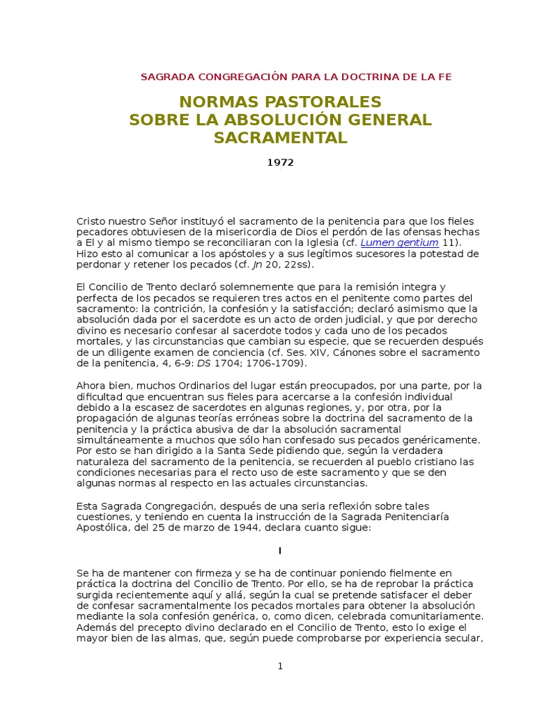 Normas sobre la Absolución General | PDF | Penitencia | Iglesia Católica