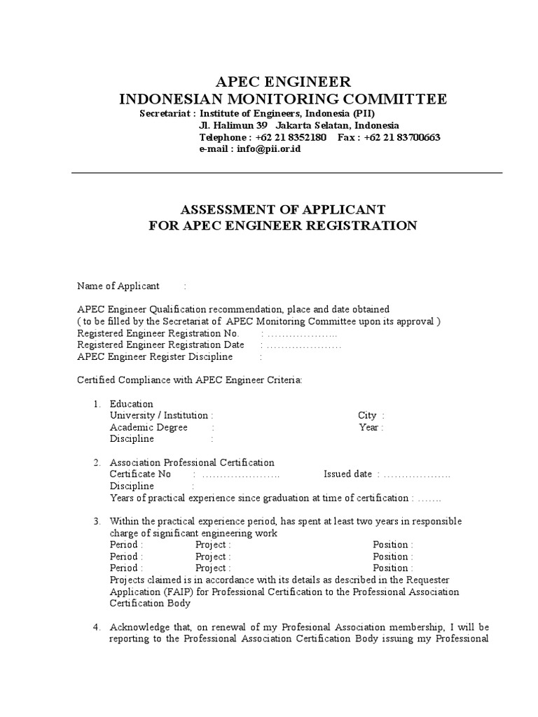 APEC Engineer Registration Assessment Form | PDF