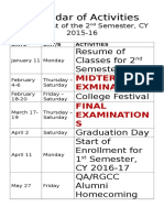 Calendar of Activities For The Rest of The 2nd Semester 2015-16