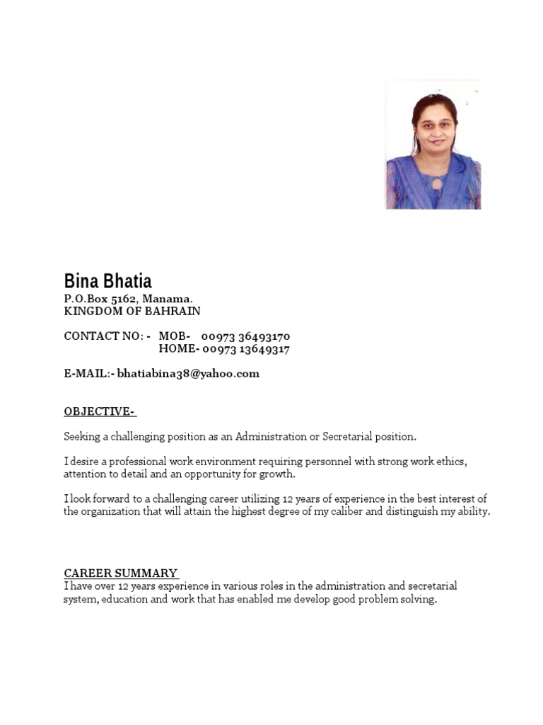Bina Bhatia: Admin Career in Bahrain | PDF | Microsoft Office | Business