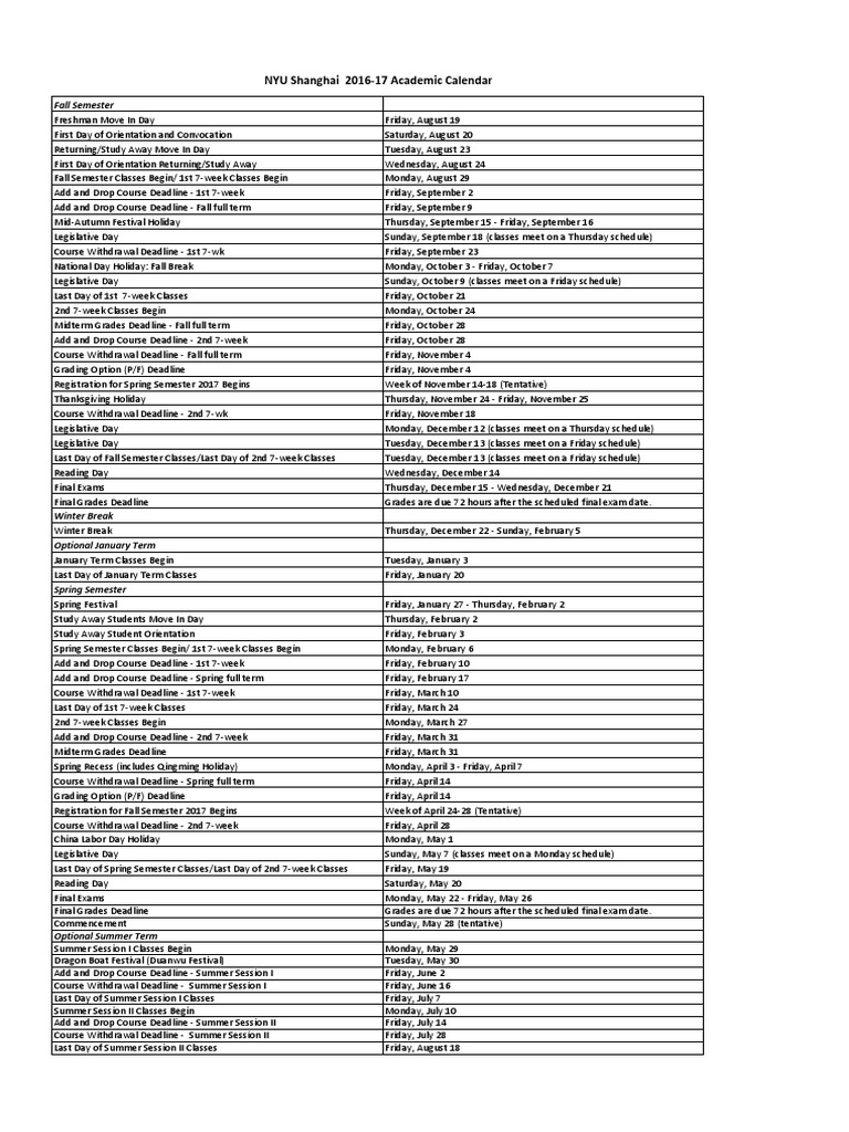 2016-17 Academic Calendar Nyu Shanghai | Pdf | Academic Term | Schools