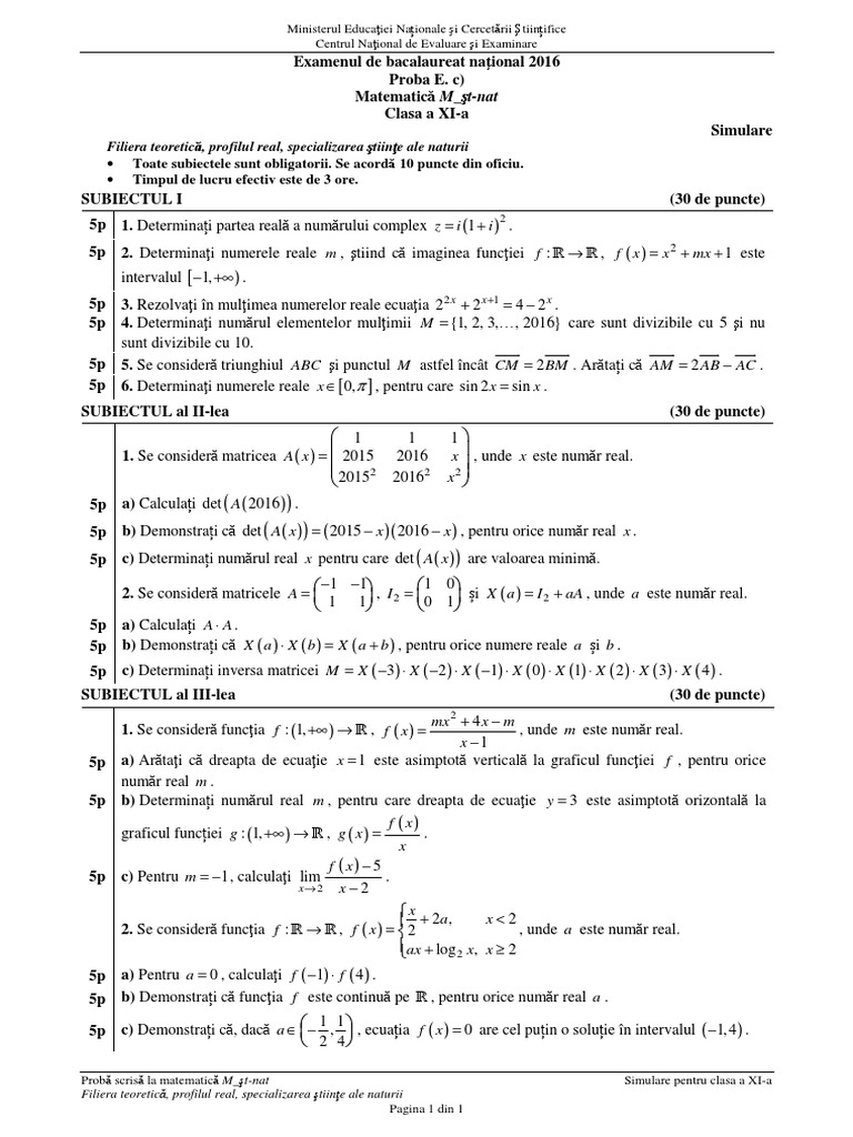 Subiecte Simulare BAC 2016 Matematica M St-nat XI