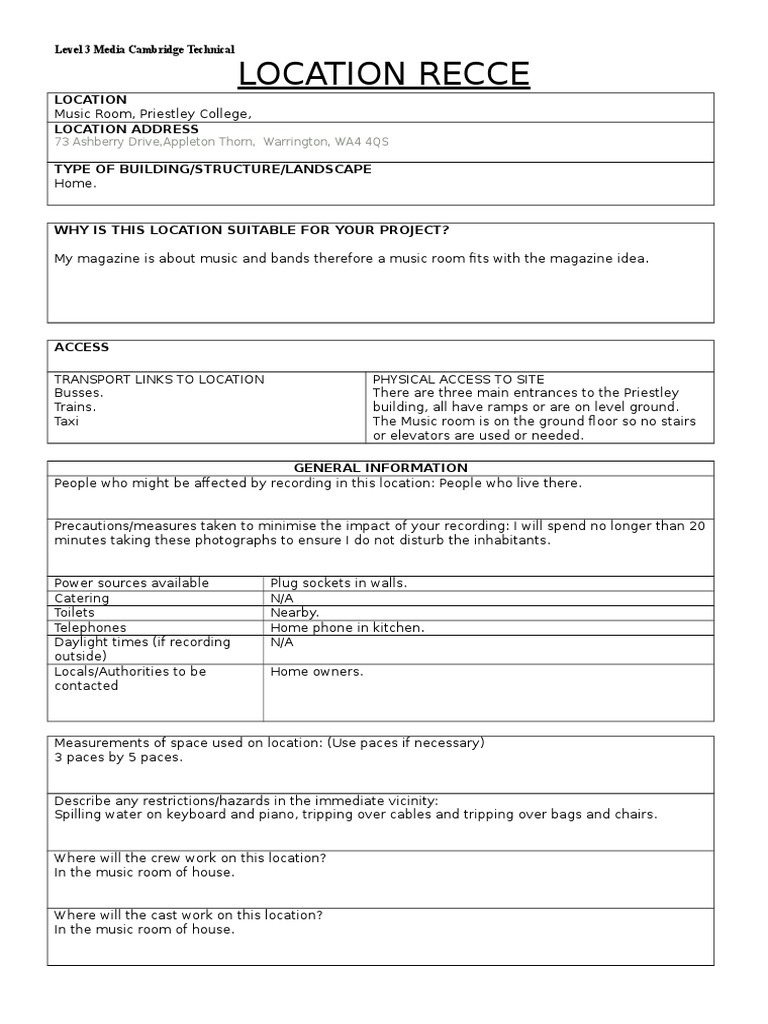 Location Recce: Location Location Address Type of Building/Structure ...